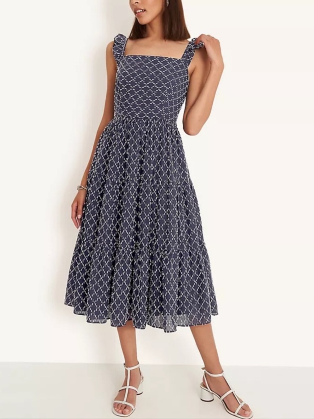Ann Taylor Navy Blue White Embroidered Ruffle Strap Midi Dress